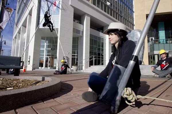 Protesters participate in nonviolent confrontation: from left to right, Emilia Wicker, Steve English, Annie Vereen (in foreground) and Bradley Bradshaw
