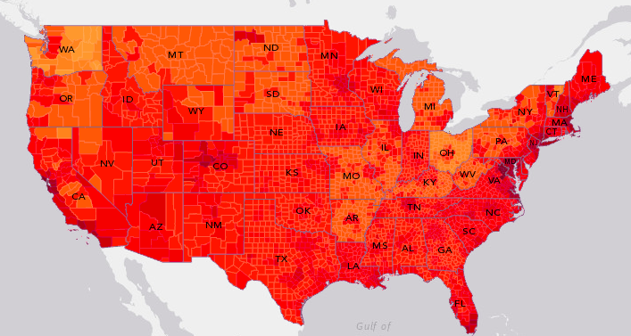 This new map by Esri shows where the gap is starkest between minimum wage and living wage. - VIA ESRI