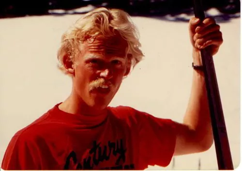 Bob Mathews just after finishing the cross-country ski leg of the May 1976 Pole Pedal Paddle.