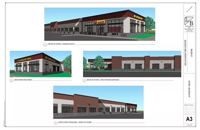 A rendering of Les Schwab's proposed building on Third Street. - CITY OF BEND EPLANS