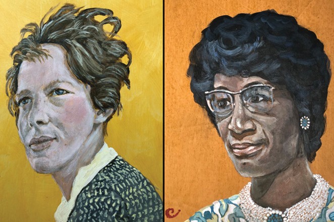Portraits of Amelia Earhart and Shirley Chisholm by local artist Sue Carrington. - SUE CARRINGTON