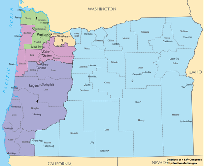 Oregon currently has five Congressional districts, but that could increase to six following the 2020 Census. - NATIONALATLAS.GOV