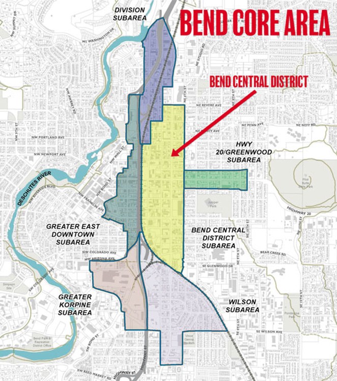 Most of the Bend Core Area and subarea boundaries will be included in the final proposal for an &#10;urban renewal district. - COURTESY CITY OF BEND