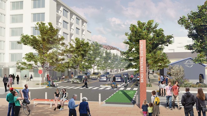 A rendering of how Hawthorne Avenue within the Bend Central District could be transformed through the new policy and funding structures made possible by urban renewal. See the "before" photo of Hawthorne Avenue below. - WALKER MACY / CITY OF BEND