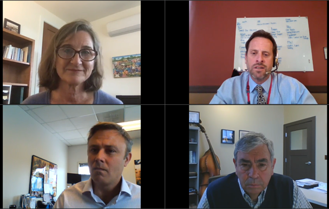 Clockwise from top left: Bend Mayor Sally Russell, Redmond City Manager Keith Witcosky, Redmond Mayor George Endicott and Bend City Manager Eric King. Local city leaders held an online press conference Thursday, and hope to open these weekly meetings to the public in the future. - CITY OF REDMOND
