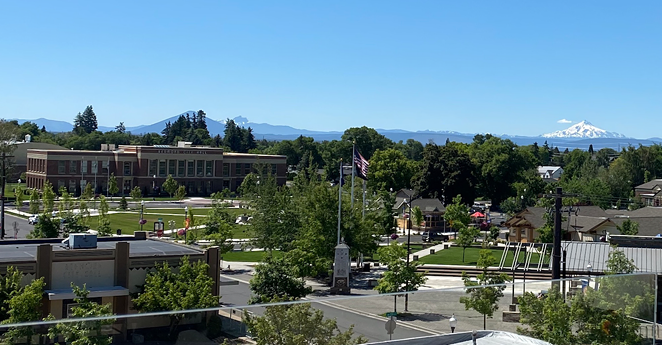 The view of Redmond City Hall from the The Rooftop, the bar on the top floor of SCP Hotel Redmond. - LAUREL BRAUNS