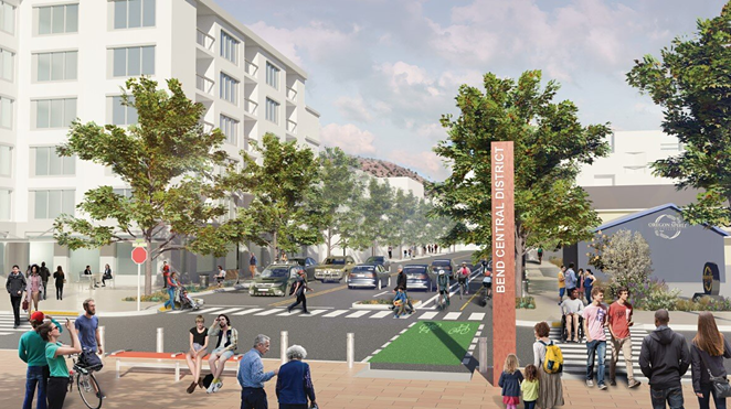 Rendering of possible improvements to NE First Street and NE Hawthorne spurred with tax increment funding (TIF). - CITY OF BEND
