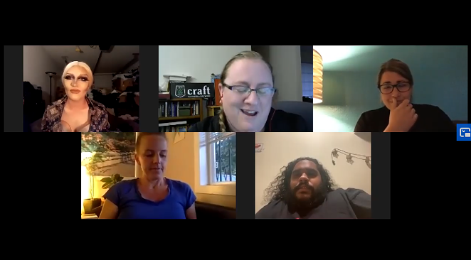 Clockwise from top left Deb Auchery from The Cult of Tuck, Katy Ipock of Talk-Olyptic, Morgan Schmidt from Pandemic Partners-Bend, Luke Richter from Central Oregon Peacekeepers and Nicole Vulcan, Editor of the Source Weekly on Aug 13. - . - SCREENSHOT VIA FACEBOOK