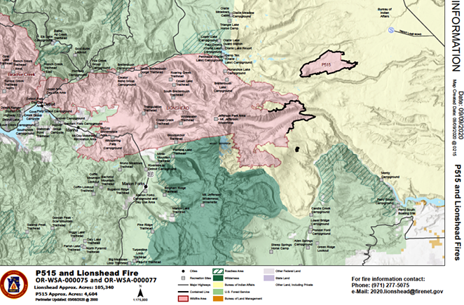 A map of the Lionshead and Beachie Creek Fires issued Wednesday afternoon, which shows the blazes merging into one massive fire. The two fires also merged with the Santiam Fire, and could soon meet another blaze in Clackamas County. - CONFEDERATED TRIBES OF WARM SPRINGS