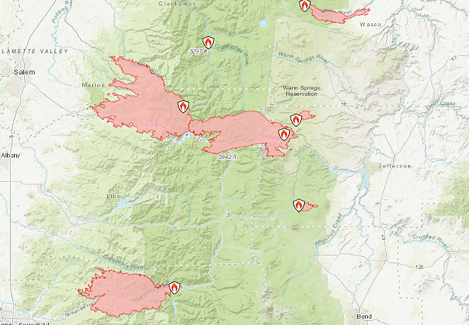 Maps of some of the fires burning nearest Central Oregon, including the Lionshead/Santiam/Beachie Creek fire on Mt. Jefferson, which combined into one giant blaze, which is 0% contained. - INCIWEB