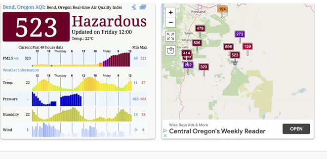 Bend's air quality was listed as hazardous as of Friday. - AQICN.ORG