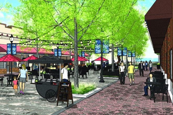 Conceptual art from Szabo Landscape Architecture shows an on-the-street view of what Minnesota Avenue could look like if converted to a pedestrian plaza. - DOWNTOWN BEND BUSINESS ASSOCIATION