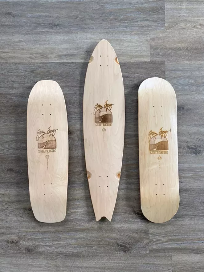 These boards were made for riding; from left, the Flatwater, the Cheater and the Popsticle. - COURTESY SNOPLANKS