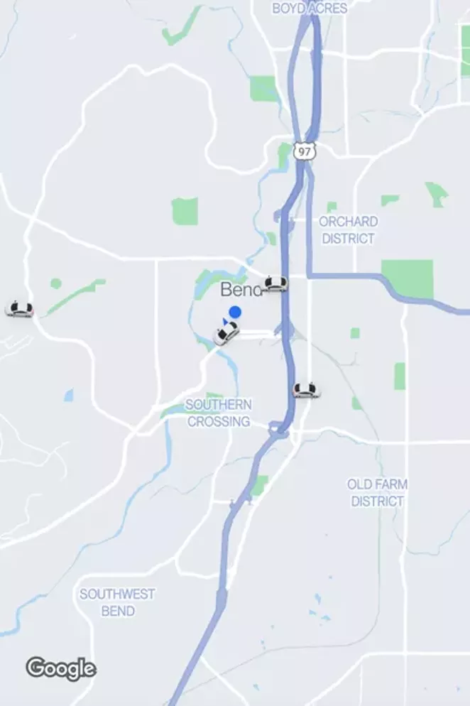 The Uber app, Tuesday morning in Bend showing four active cars. - JACK HARVEL