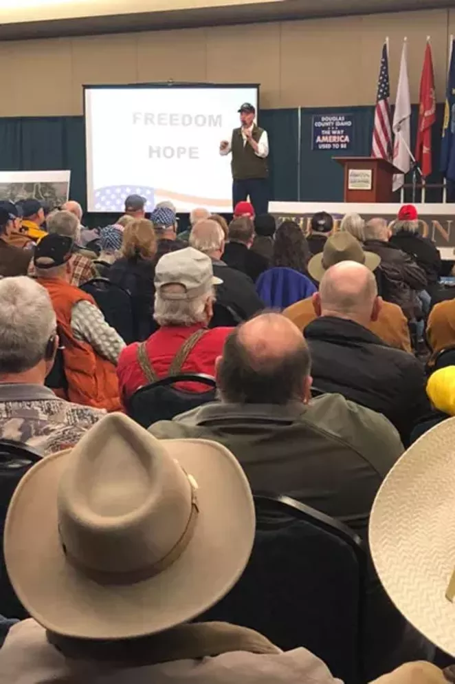 Mike McCarter, president of Move Oregon's Border, speaks at a Greater Idaho rally in Roseburg hosted by David Jaques in March 2020. - COURTESY OF GREATER IDAHO