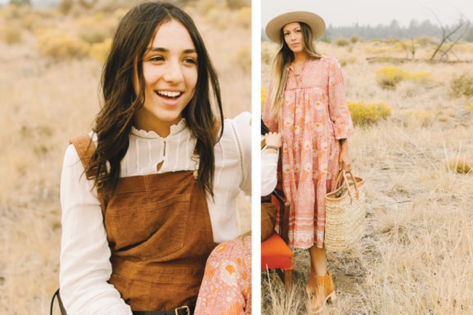 (Left) Outside In  Willa Top by Faherty, $158  Overalls –Karuna Cord Wide Leg Overall by Toad&Co., $120  /  Bronwen Glasswrap Bracelet by Bronwen, $98  (Right)  Dutch + Bow ‘Colorado Winter’ Handmade Wool Hat by Hampui Hats, $375  Peach-Floral Hand Blockprinted Dress by Matta NY, $289  Shearling Slip-On Bootie by Swedish Hasbeens, $420  /  Bronwen Leather Cuff, Bronwen, $72 - DREW CECCHINI