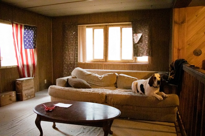 Paul Parrish&#39;s dog Lulu sits on the couch in his rental, one of the few pieces of furniture left as he prepares to move. - JACK HARVEL