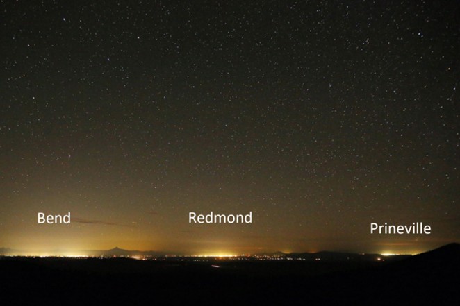 Light escaping upward from Bend, Redmond and Prineville is scattered by the atmosphere and casues a glowing sky, or skyglow. - COURTESY INTERNATIONAL DARK SKY ASSOCIATION OREGON CHAPTER