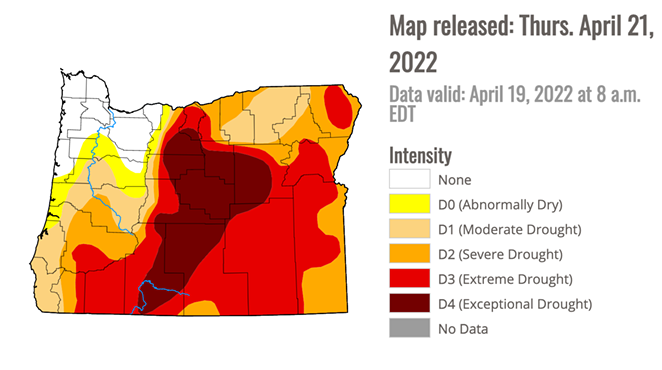A drought map shows most of Oregon in some varying level of drought, though Northeast Oregon is fairing comparatively well. - COURTESY OF THE NATIONAL DROUGHT MITIGATION CENTER