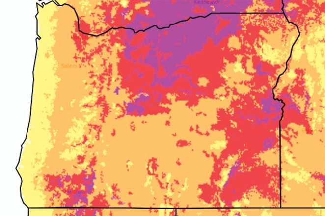 A heatmap shows a significant amount of Oregon can expect high temperatures this week. - COURTESY OF NATIONAL OCEANIC AND ATMOSPHERIC ADMINISTRATION