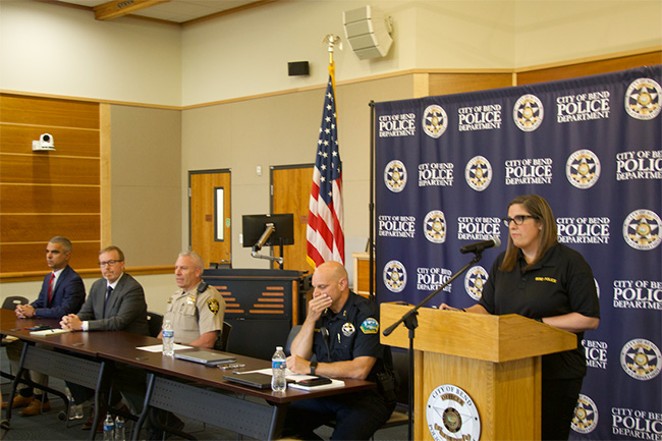 Bend and Deschutes County officials share updated information on the double homicide that occurred at a Bend Safeway on Sunday, August 28. - PHOTO BY JACK HARVEL
