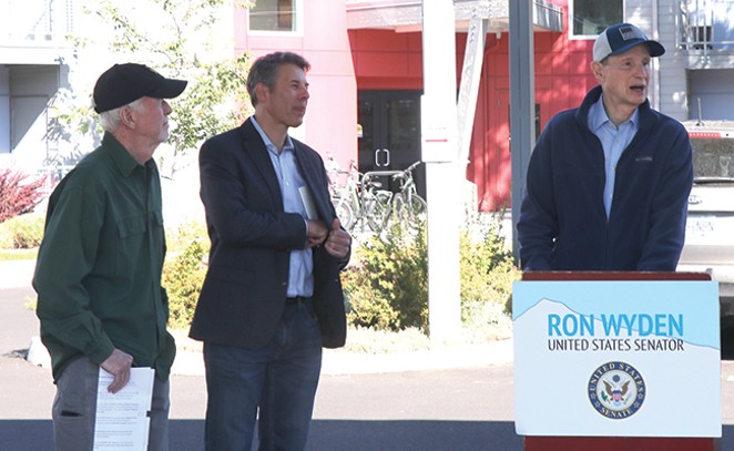 Ron Wyden spoke to reporters outside of the Azimuth 315 apartment complex on Sept. 30 to promote low-income housing tax credits and clean energy tax credits. - JACK HARVEL