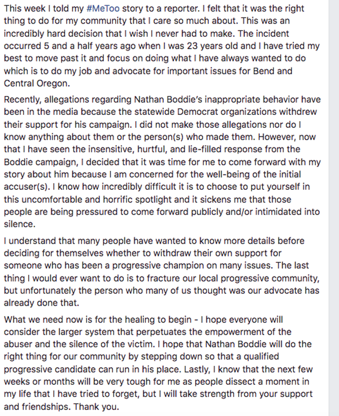 Newbold's statement from her Facebook page Friday. - MOEY NEWBOLD