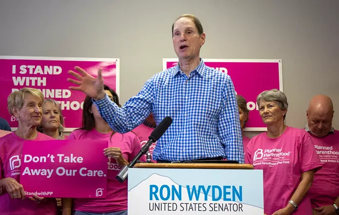 Sen. Ron Wyden speaking at Planned Parenthood's Bend Health Center on Saturday, July 28. - KEELY DAMARA
