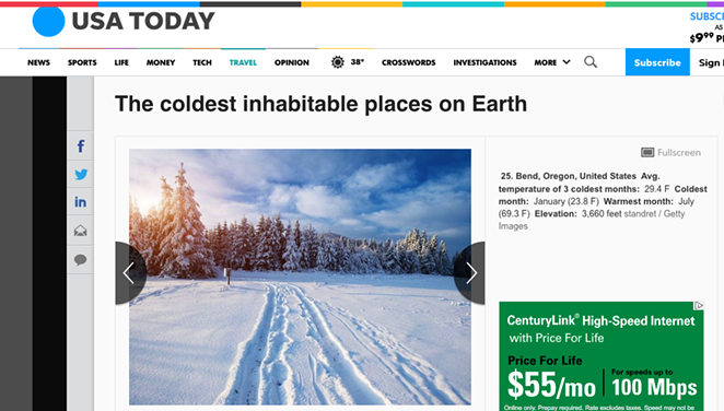 A look at the listing for Bend from Jan. 10, 2019. - USA TODAY