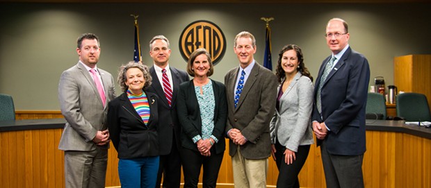 The City of Bend City Council. From left, Justin Livingston, Barb Campbell, Bill Moseley, Mayor Sally Russell, Bruce Abernethy, Gena Goodman-Campbell and Chris Piper. - CITY OF BEND