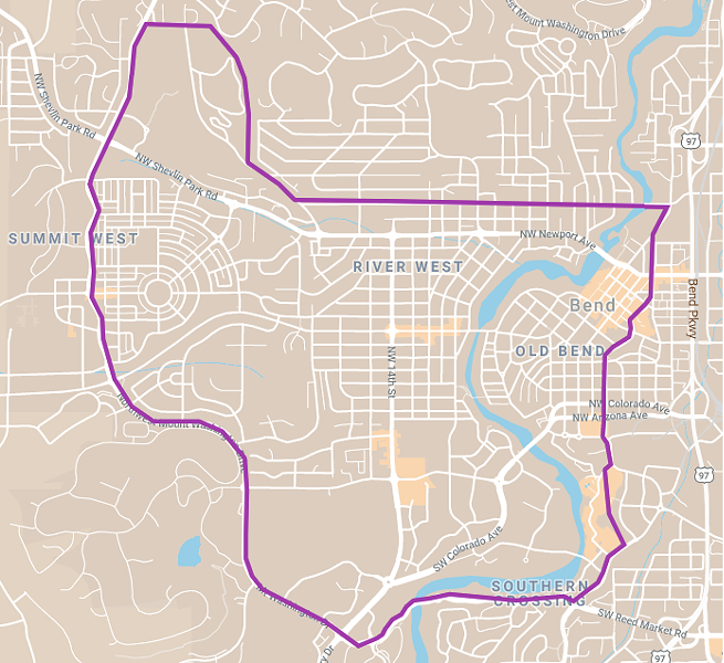 Here's a map of the service area for Ride Bend, which is available through March 30. - OSU-CASCADES MOBILITY LAB