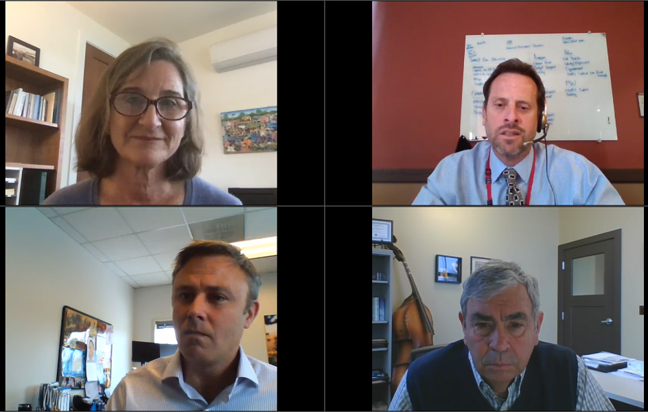 Clockwise from top left: Bend Mayor Sally Russell, Redmond City Manager Keith Witcosky, Redmond Mayor George Endicott and Bend City Manager Eric King. Local city leaders held an online press conference Thursday, and hope to open these weekly meetings to the public in the future. - CITY OF REDMOND