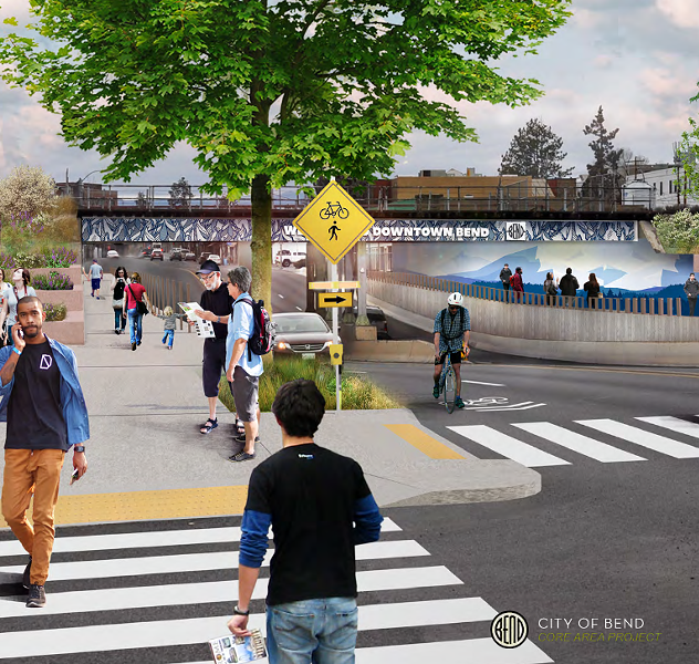 A rendering of a revitalized Greenwood Avenue underpass near downtown Bend with safe pedestrian crossing. - CITY OF BEND