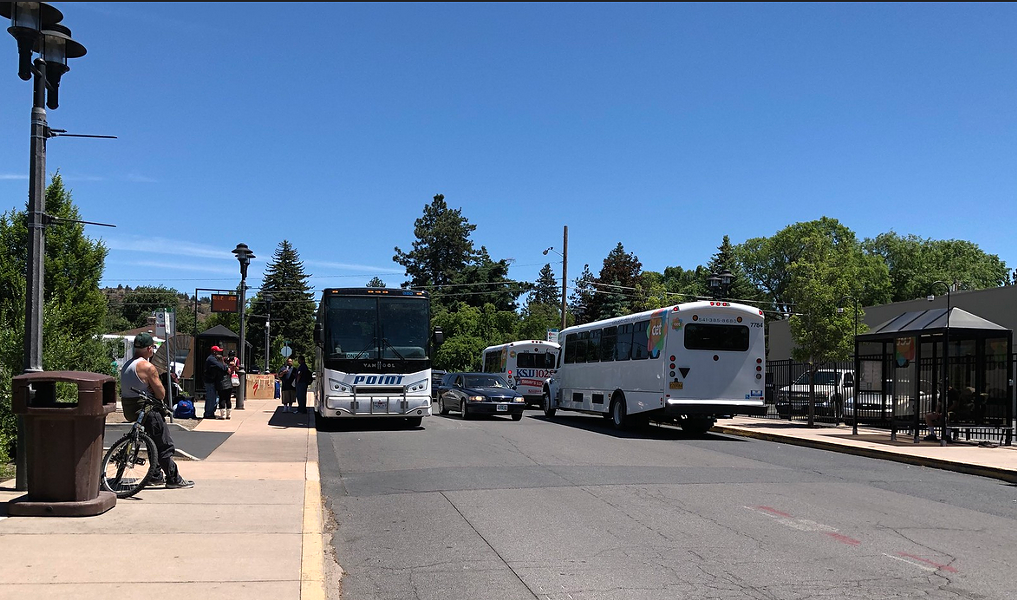 Buses, cars and people collide at the entrance to Hawthorne Station, Bend’s crowded transit hub next to Safeway on NE Third Street. - COURTESY OREGON DEPARTMENT OF TRANSPORTATION