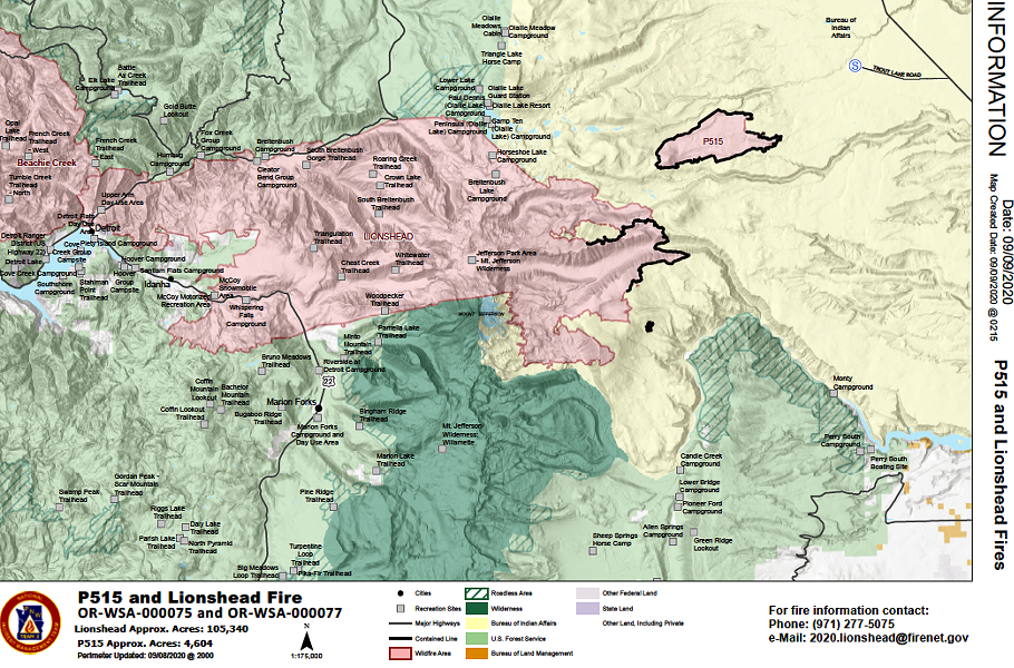 A map of the Lionshead and Beachie Creek Fires issued Wednesday afternoon, which shows the blazes merging into one massive fire. The two fires also merged with the Santiam Fire, and could soon meet another blaze in Clackamas County. - CONFEDERATED TRIBES OF WARM SPRINGS