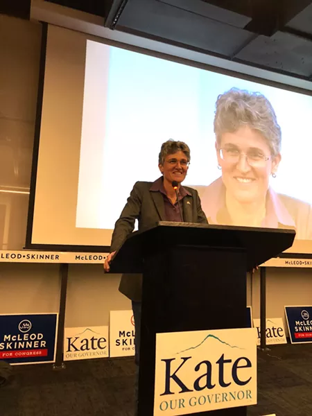 Jamie McLeod-Skinner gave a concession speech after her defeat by Greg Walden Tuesday night. McLeod-Skinner told supporters that she hoped the pressure her campaign had put on Walden would encourage the longtime Republican representative to put his focus back on his district. - CHRIS MILLER