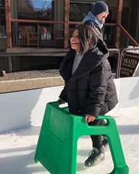 If you're new to the ice and snow, rinks often offer "training wheels," like these skate trainers at Seventh Mountain Resort.
