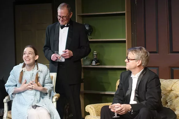 Pictured from left, Mary Hildebrandt, Randy Heise and Bruce Moon rehearse for "The Columnist," opening Friday. - ELIZABETH WARNIMONT