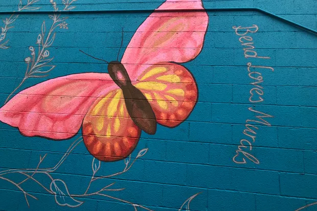 Detail from a mural painted by local artist Nicole Fontana as part of the High Desert Mural Festival. You can find this mural on the south side of Greenwood Avenue, between NE 1st and 2nd Streets. - TEAFLY PETERSON