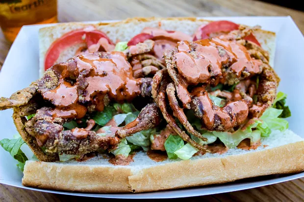 The breaded and fried soft-shell Po' Boy sandwich... worth waiting for. - NANCY PATTERSON