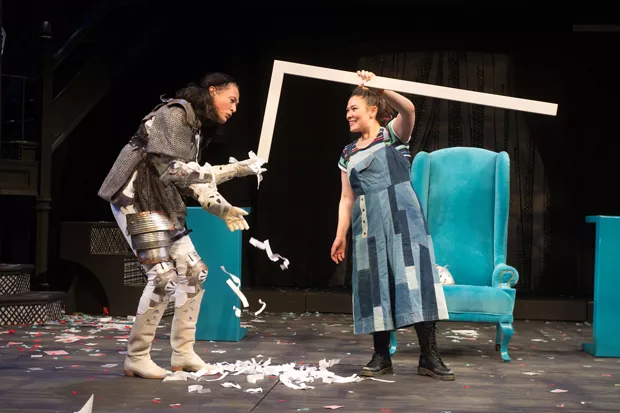 Simple props serve a host of purposes in “Alice,” here featuring the White Knight (Cristofer Jean) and Alice (Emily Ota). - JENNY GRAHAM