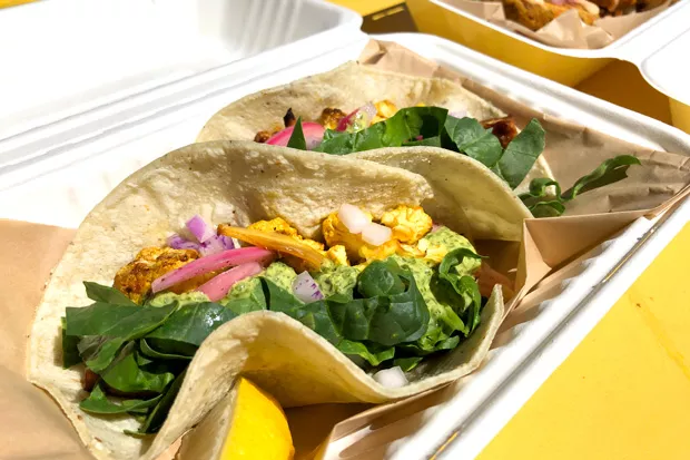 Tacos and fritters from Root Down Kitchen. - LISA SIPE