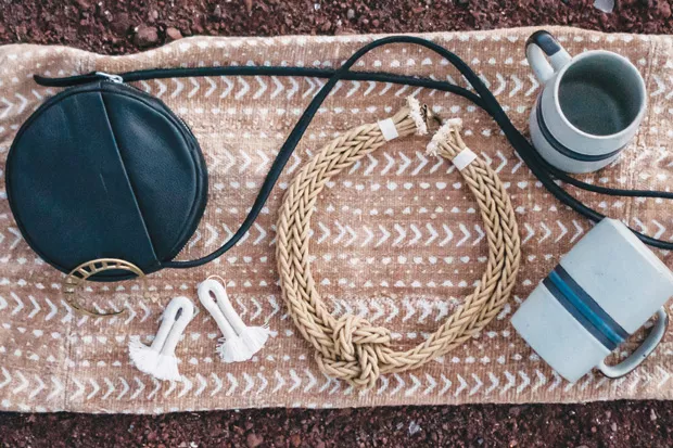 Vintage Mugs, $tbd DimePieces / ‘Zelma Rose’ Bonita / Necklace, $198 Root Adorned / ‘Zelma Rose’ Yucca Earrings, $118 Root Adorned / ‘Wanderluxe’ Serpentine Cuff, $56 Root Adorned / ‘Baggu’ Mini Circle Purse, $128.95 ju-bee-lee / Mudcloth Pillow Cover, $tbd DimePieces - AUSTIN MONTREIL LEONARD
