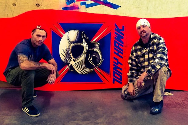Gabe Triplette and John Pipes with the giant Tony Hawk deck. - COURTESY PIPES DREAMS