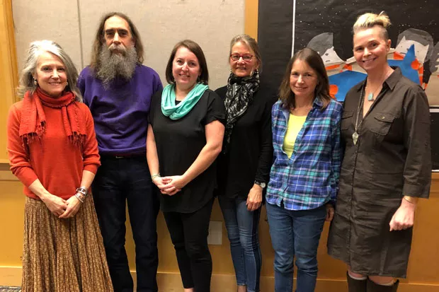 Poets in public! Six poets—including judges and winners from the Source poetry contest—read from their works Sunday at the Deschutes Public Library in downtown Bend. From left: Kit Stafford (judge), Marc Drexler (2nd place), Meli Broderick Eaton (3rd place), Ellen Waterston (honorable mention), Cat Finney (4th place) and Irene Cooper (judge). Thanks to the students and faculty from the OSU-Cascades MFA in Creative Writing program and the Deschutes Public Library for their collaboration on the contest! Photo by Nicole Vulcan. - NICOLE VULCAN