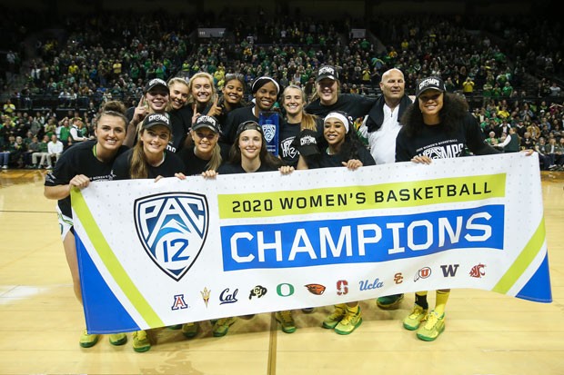 The Oregon Women's team celebrates winning the Pac 12 tournament this season. - ERIC EVANS/GODUCKS.COM