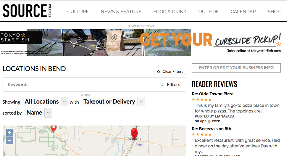 Look for the "Enter or Edit Your Business Info" box on our Takeout Guide, (see right hand side of this image as an example of what's on that page) to edit your takeout info in the "2020 Takeout" section of your business listing on our site! - SOURCE