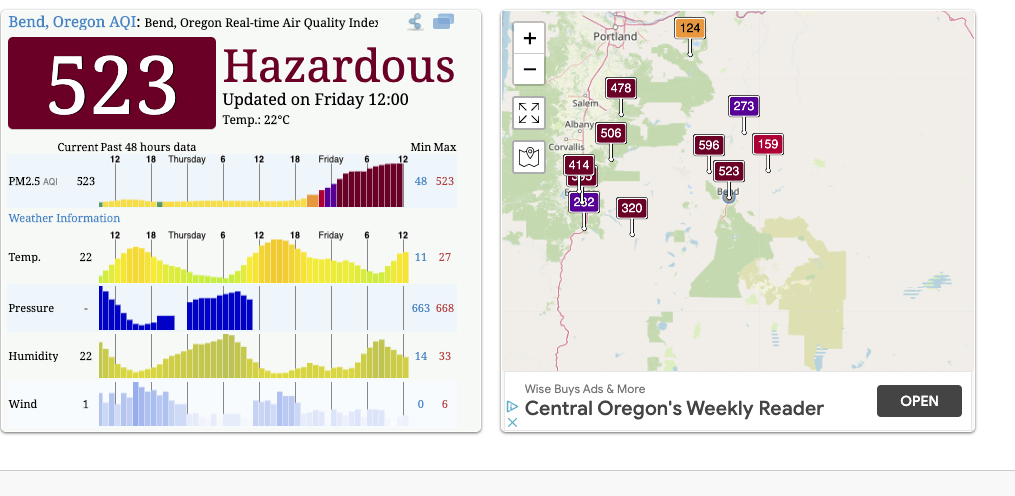 Bend's air quality was listed as hazardous as of Friday. - AQICN.ORG