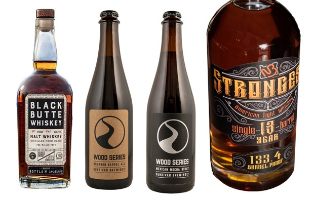 Whether it's 133-proof whiskey or just beer aged in whiskey barrels, there are plenty of ways to get your whiskey game on this season. - PHOTOS COURTESY NEW BASIN DISTILLING COMPANY, CRATER LAKE SPIRITS, SUNRIVER BREWING