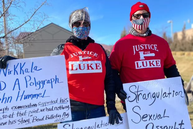 Evelyn and Steve McConnell, Luke Wirkkala's sister and brother-in-law, demonstrated in support of Wirkkala in downtown Bend March 6. - SUBMITTED